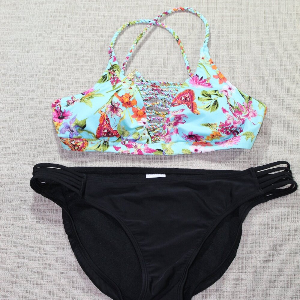 Jessica Simpson Vibrant Floral and Light Blue Bikini Swimsuit Top ONLY